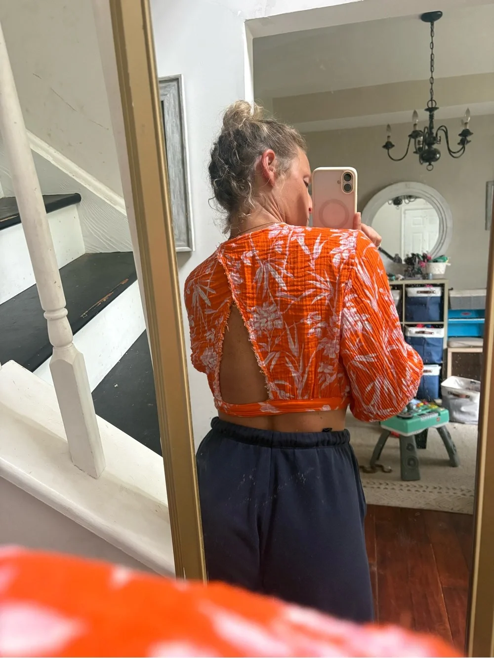 Anthropologie Orange & White Floral Tie-Front Crop Blouse